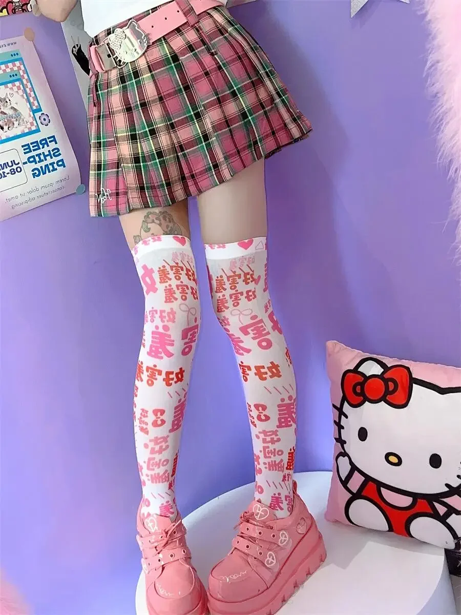 New Hot Girl Text Printing Socks Streetwear Girls Thin Leg White Sweet Cute Pink Y2K Harajuku Lolita Knee JK Socks