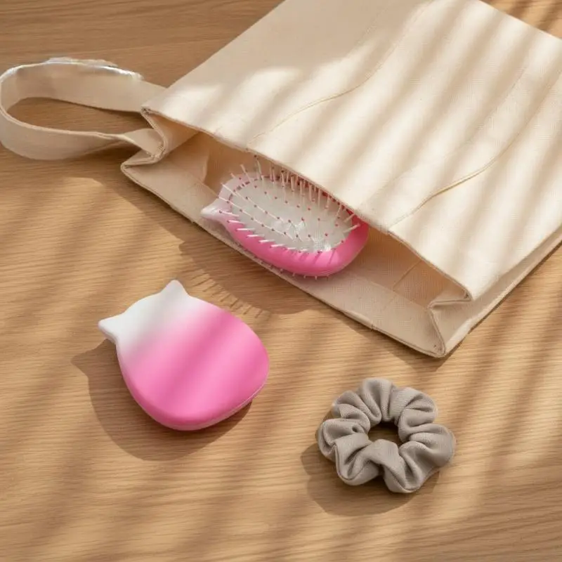 Mini Detangling Brush Ombre Pink Cat Ear Pattern Pocket Size No Hurt Scalp for Travel Daily Use