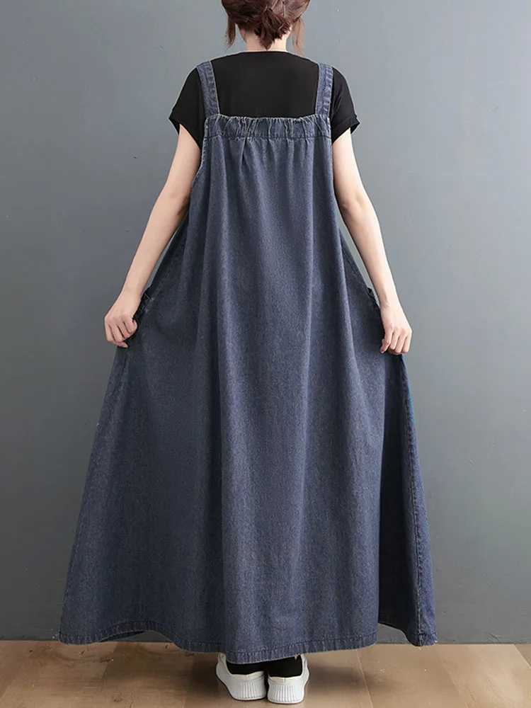 359 Spring Summer New Women Denim Suspender Long Skirt Loose Casual Punk Vintage Style Cargo Female Popular Large Swing Dress