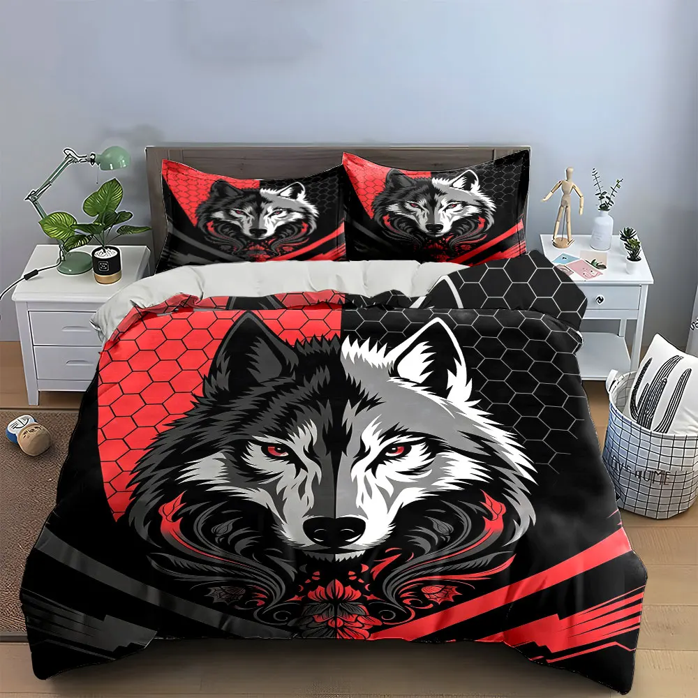 Juego de Ropa de Cama con Diseño de Cabeza de Lobo Blanco y Negro, Juego de Edredón con Estampado de Lobo Salvaje y Cuadros Hexagonales Florales Rojos, Decoración Gótica para Dormitorio, 3 Piezas