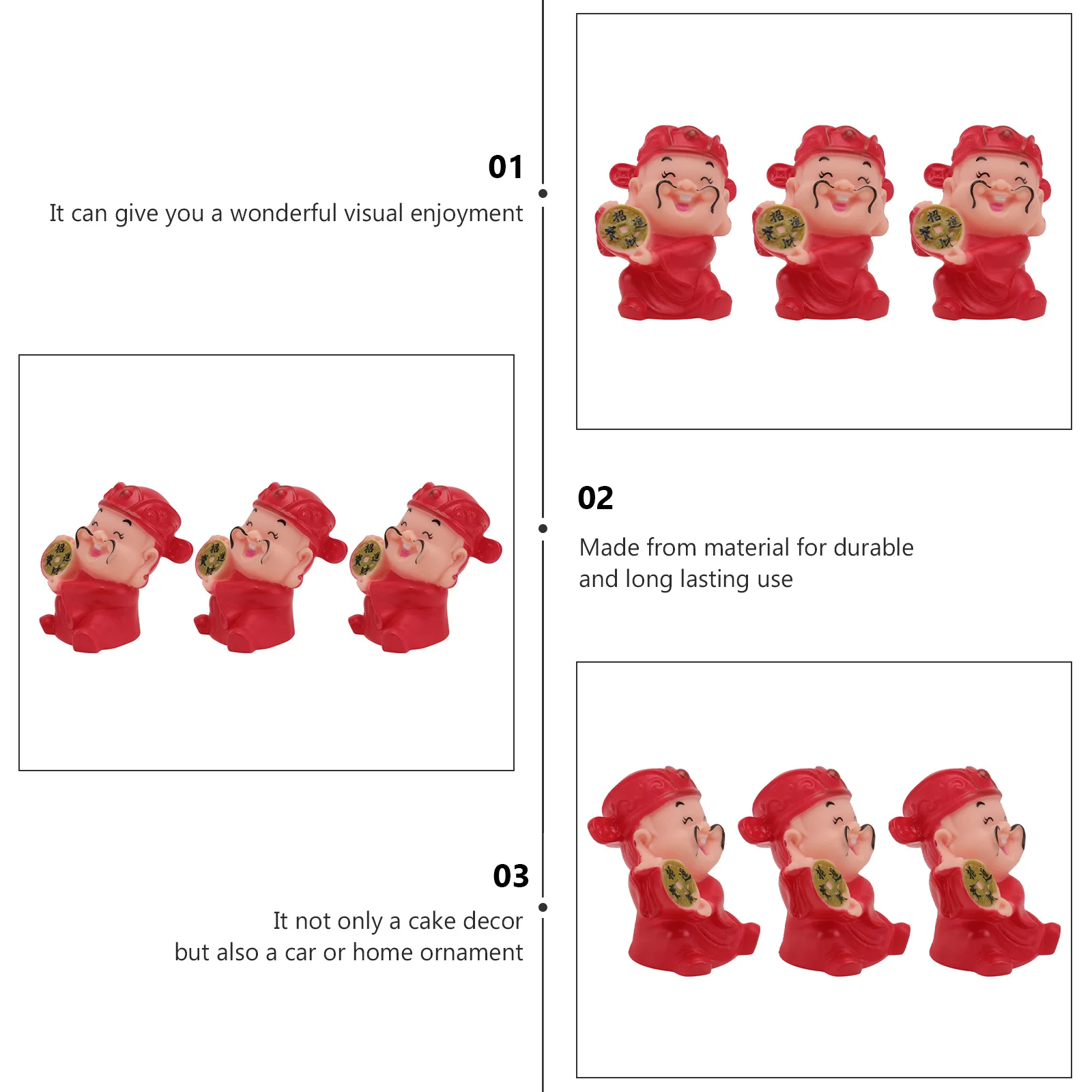 

3pcs God Figurine Wealth Decoration Cake Toppers Chinese Style Cupcake Decorations Home Ornaments Long Lasting Gifts