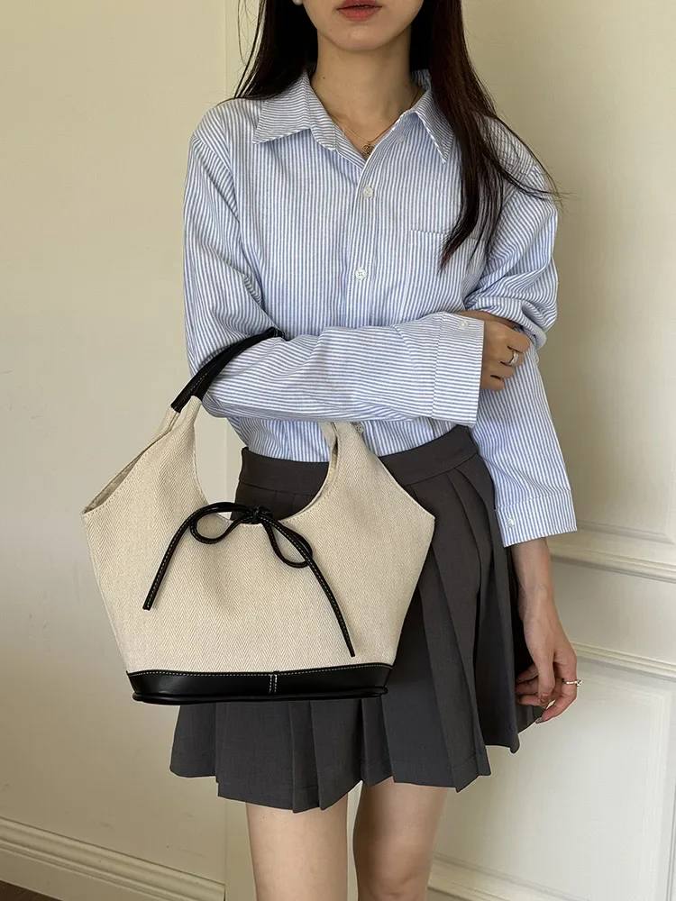 Korean  Bows   Canvas Patchwork Shoulder Underarm Bag Large Capaci Minimalist Commuting Fashion Satchel Tote WT104