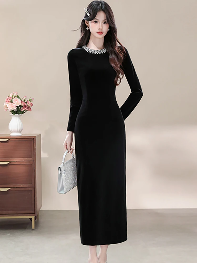 Damska Sukienka Vintage w Stylu Hepburn, Luksusowa, Długa, Jesienno-Zimowa, Czarna, Aksamitna, z Diamentami, Stójka, Sukienka Bodycon Elegancka w Stylu Koreańskim, Kolekcja 2025