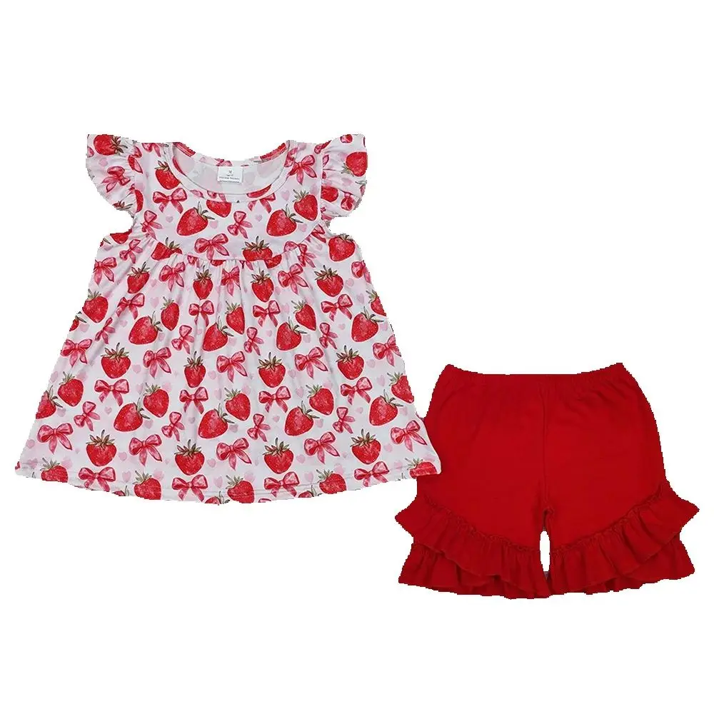 

GSSO1902 Baby Girls Strawberry Bows Tunic Ruffle Shorts Clothes Sets