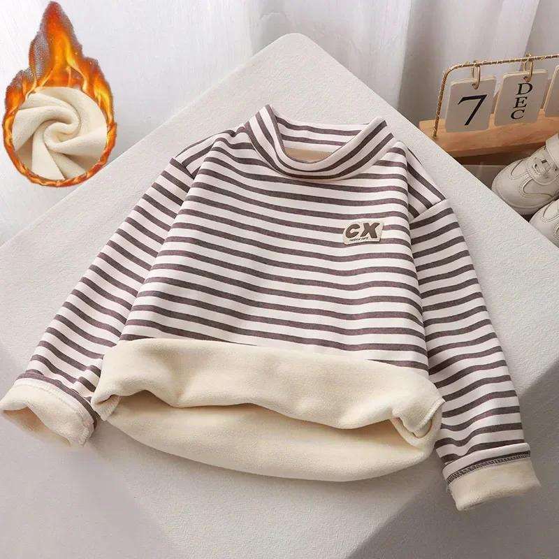 

New Autumn Winter Baby Boys Girls Thicken Striped Long Sleeve T-shirt Tops Kids Children's Half-high Collar Soft Warm T-shirts