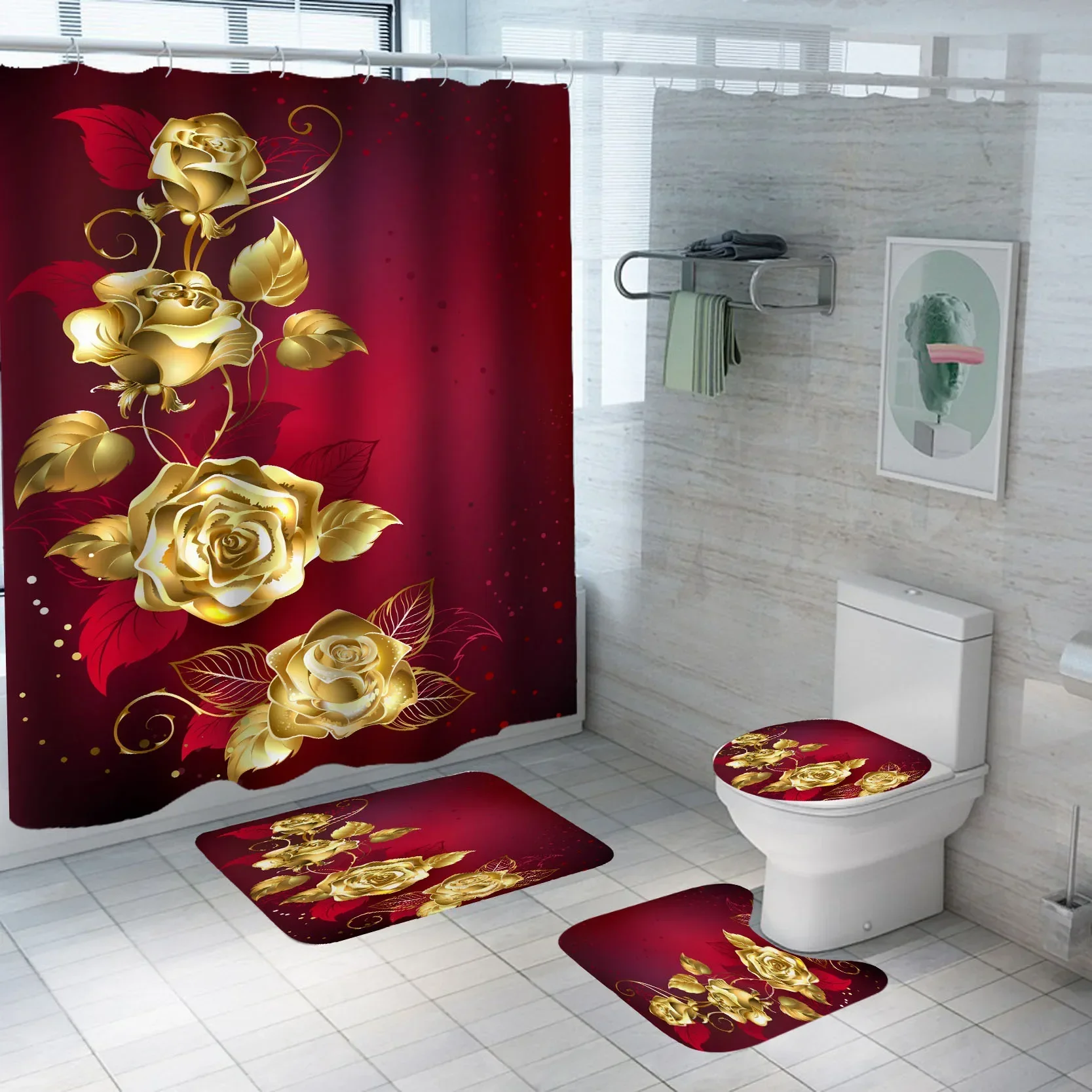

Shiny Golden Rose Waterproof Shower Curtain Set Toilet Cover Mat Nonslip Bath Rugs Bathroom Valentine's Day Christmas Decor