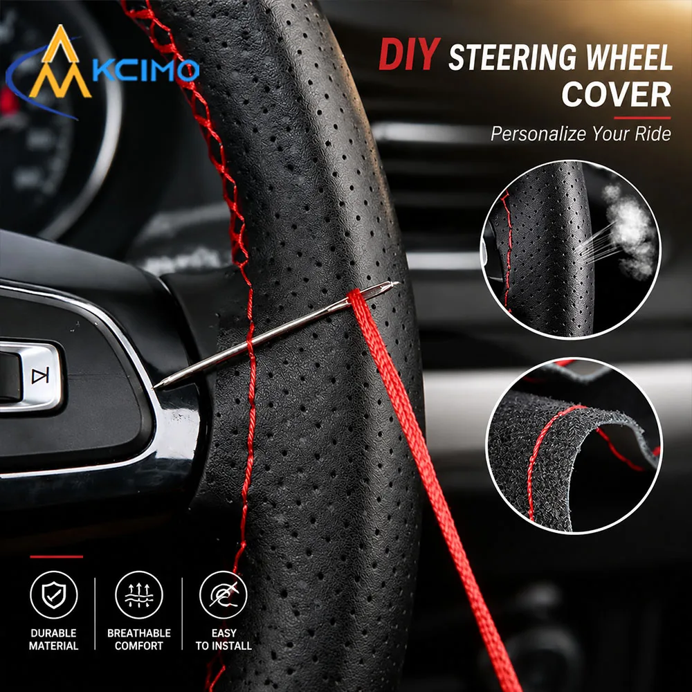 DIY Sewing Steering Wheel Cover Breathable Perforated Leather Hand Stitch Steering Wheel Protector Car Interior Accessories