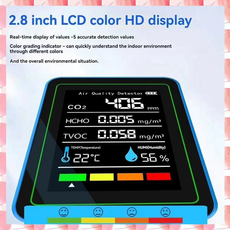JAJA 5 In 1 Air Quality Monitor TVOC HCHO Temperature Humidity CO2 Meter, USB Rechargeable CO2 Detector