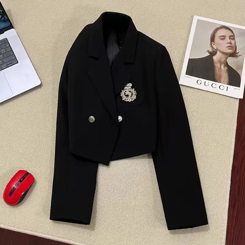 Women's Black Blazer Short Tops College Suit Outerwear Design Spring Autumn New Coat Trendy Street Suit Long-sleeved Tops
