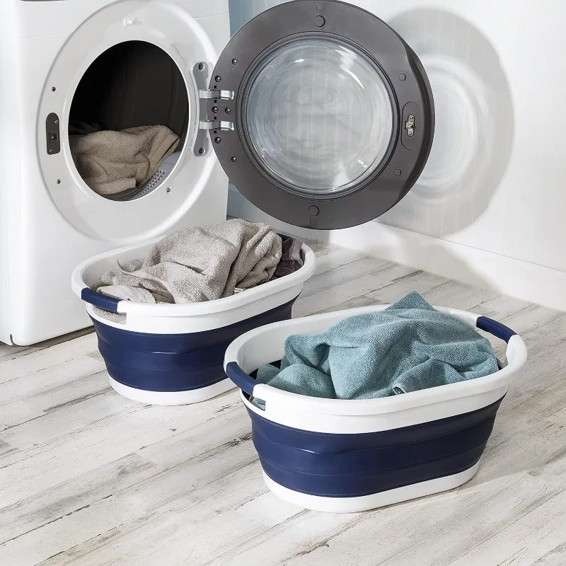 Honey Can Do Set of 2 Collapsible Rubber Laundry Baskets With Handles, Navy Blue & White HMP-09827 Navy Blue