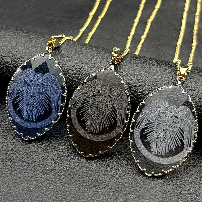 

Archangel Saint Michael Pendant Necklaces For Men Women Christian Angel Amulet Stainless Steel Glass Chain Party Jewelry Gift