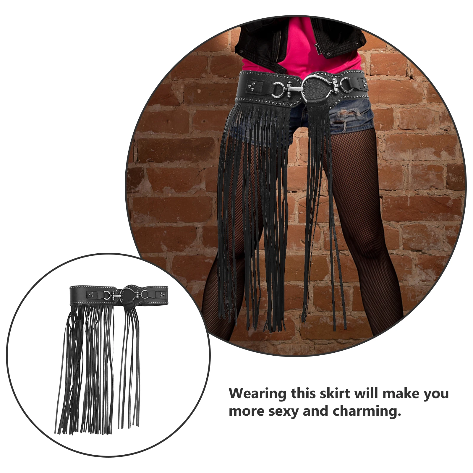 

1Pc Punk Style Leather Tassel Skirt Adjustable Wide Belt With Rivets For Fashionista Ladies