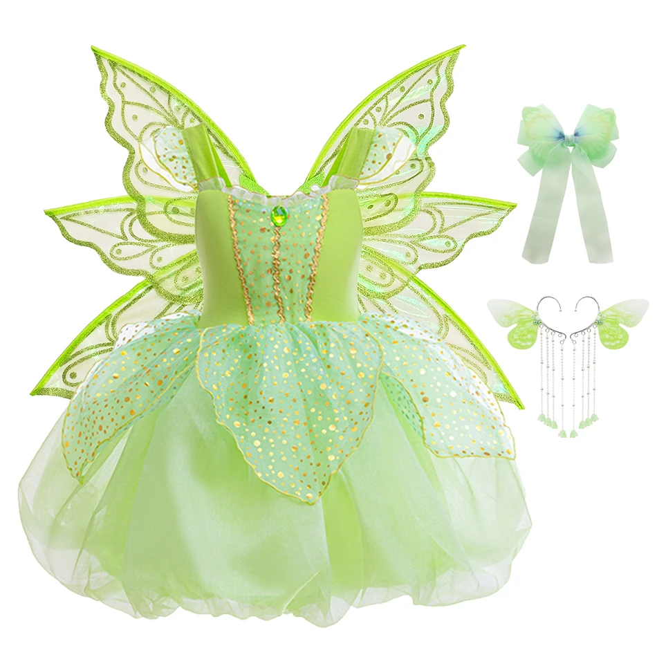 

Halloween Tinker Bell Costume Girls Green Elf Fairy Dress Kids Sequin Green Mesh Puffy Ball Gown Children Dance Clothes