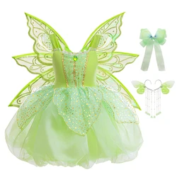 Halloween Tinker Bell Kostuum Meisjes Groene Elf Fee Jurk Kids Pailletten Groene Mesh Gezwollen Baljurk Kinderen Danskleding