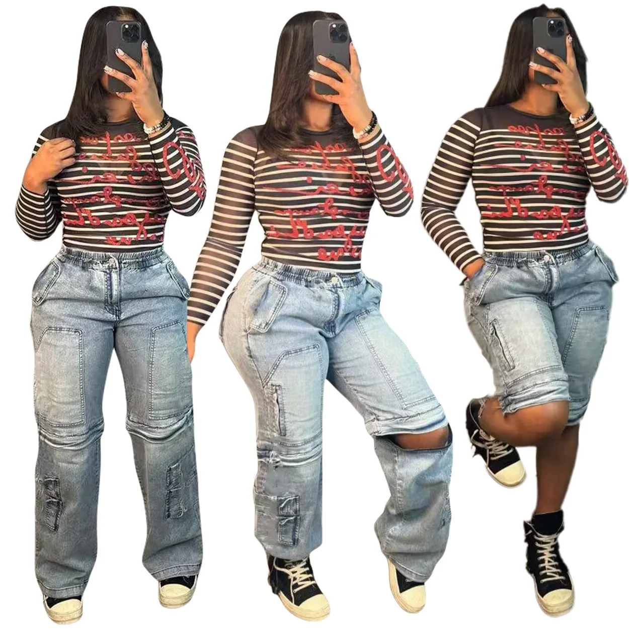 

Women Jeans Straight Cargo Denim Pants High Waist Vintage Full Length Pockets Distressed Zipper Fly Trousers 2025 Spliced