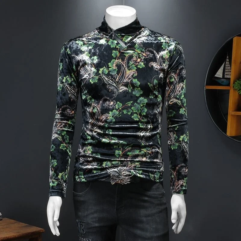 Side Zipper Stand Collar Luxury Flora Royal T Shirt Men Club Outfits Velvet Tshirt Men Autumn Paisley Print Casual T Shirt Homme