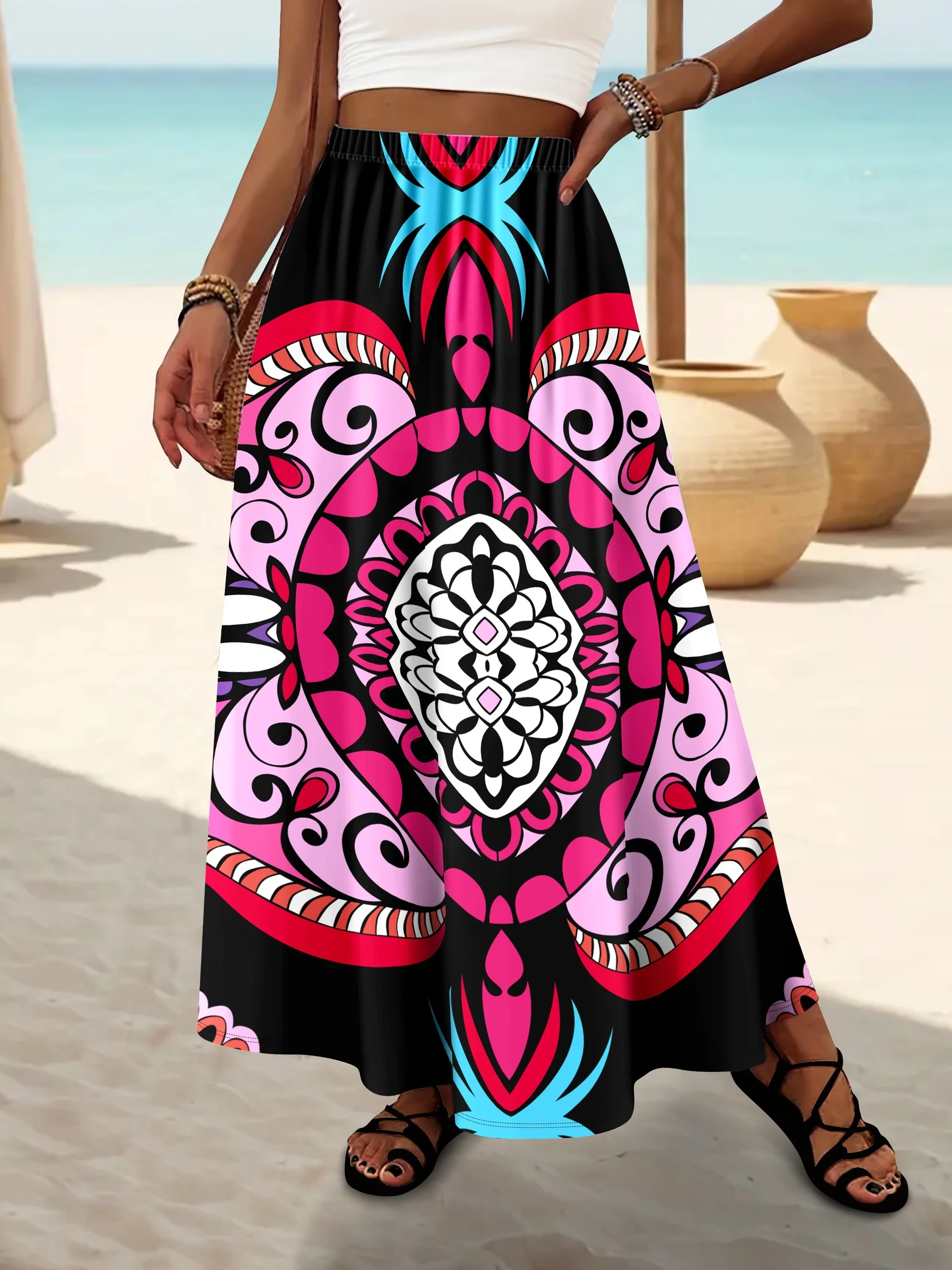 

Женская богемная яркая пляжная макси-юбка трапециевидной формы с цветными блоками и принтом мандалы с высокой талией и эластичной резинкой на талии
