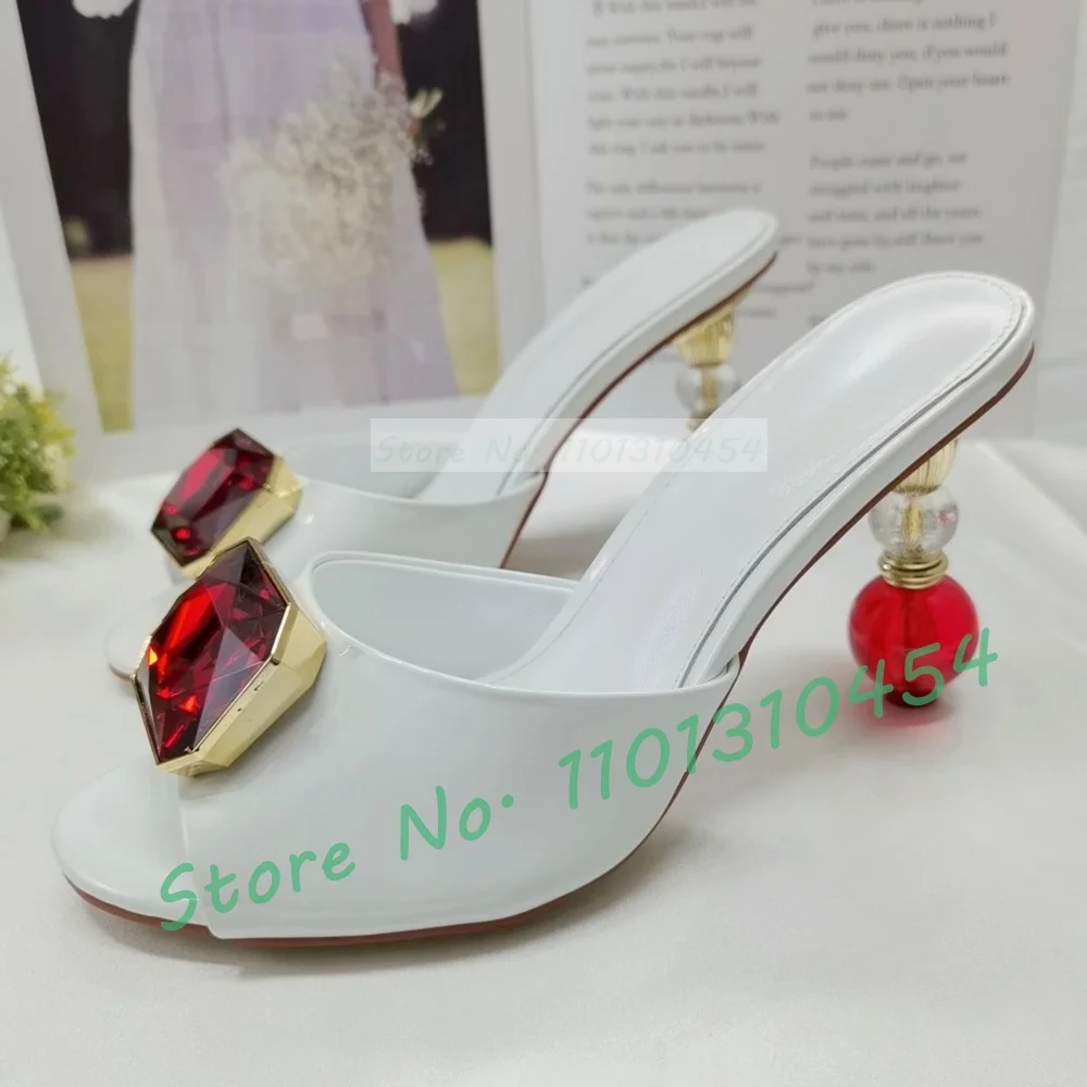 Red Crystal Ball Heels Mules Women Round Strange Heel Ruby Patent Leather Shoes Ladies Summer Peep Toe Party Casual Slippers