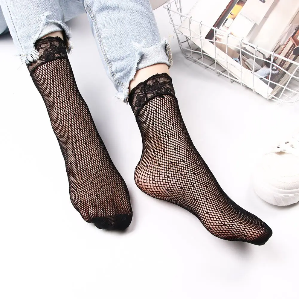 أزياء ساحرة عارضة كشكش أسود الكاحل شبكة صيد السمك شبكة قصيرة النساء الجوارب الدانتيل القدم الجوارب #3