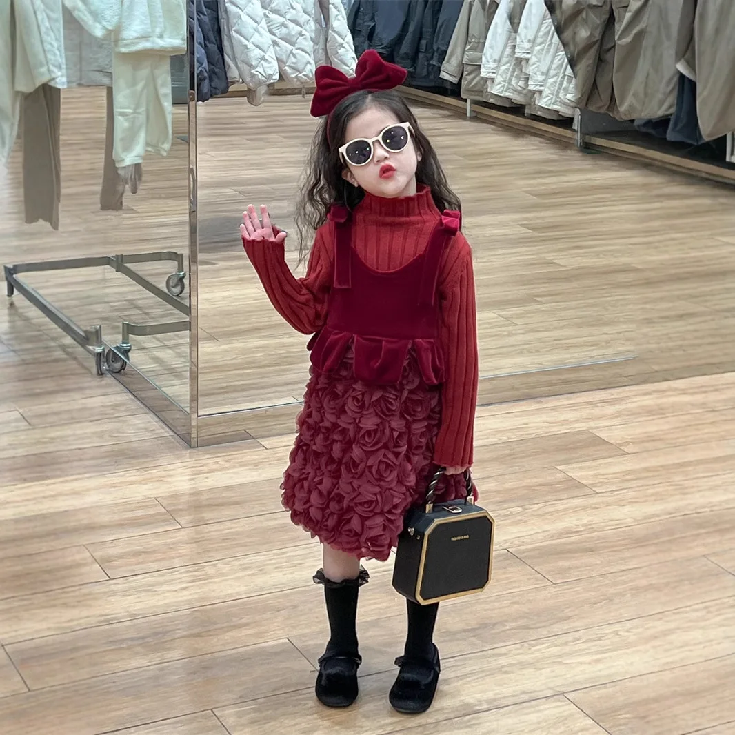 New Year's Dress Girls Autumn and Winter Fungus Edge Wool Bottom Heavy Industry Petal Mesh Cake Vest Dress Skirt