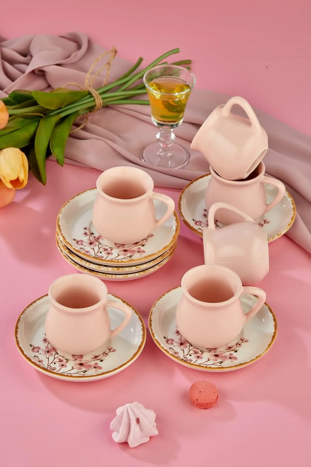 Sakura Pink 12 Piece Luxury Ceramic Coffee Cup Set for 6 People, Coffee Cup Turkish Coffee Set 12 Pieces Luxury Ceramic Coffee