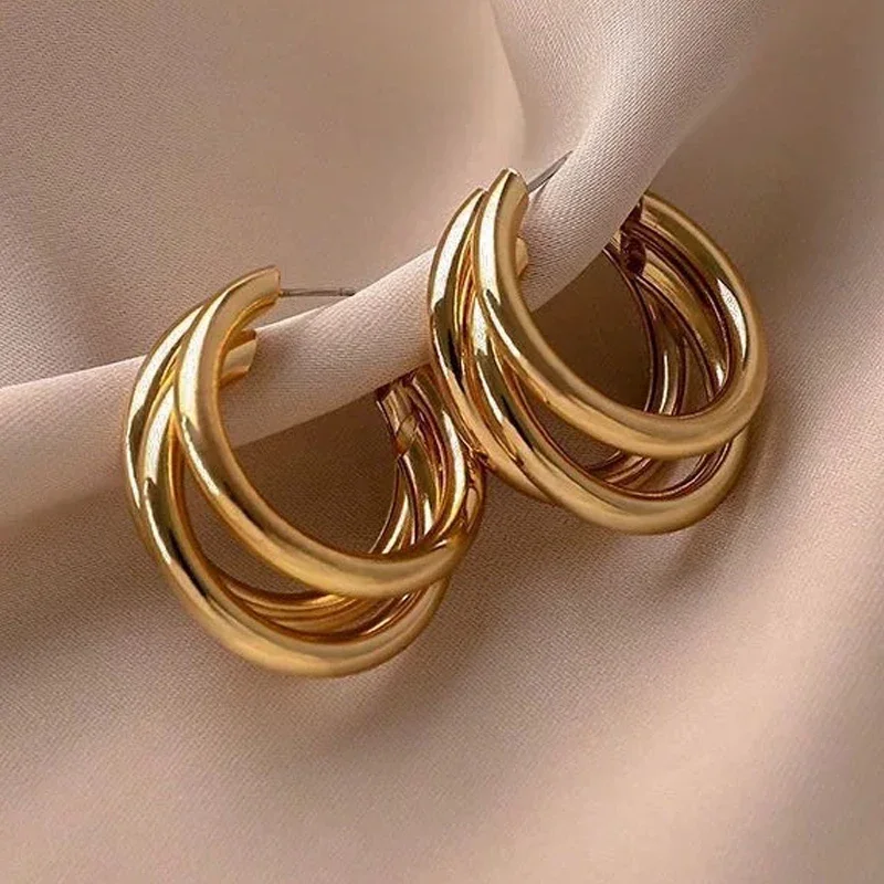 Simple Metal C Shape Dangle Earrings for Women Trendy Retro Three Layer Personality Geometry Drop Earrings Round Circle Jewelry