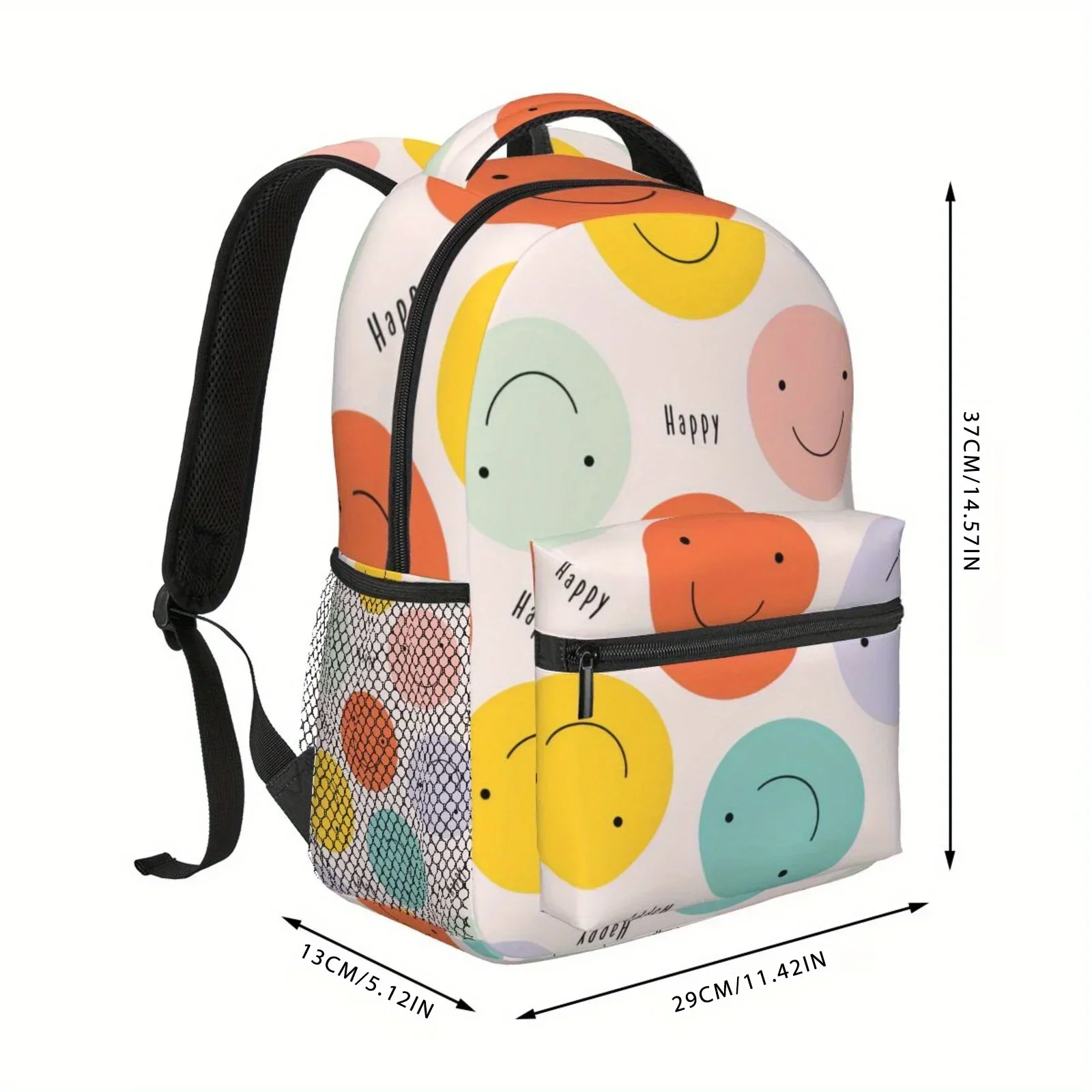 Custom Bag 1pc Colorful Joyful Face Backpack - Large Capacity, Lightweight & Durable Polyester, Double Mesh Side Pockets, Zipper