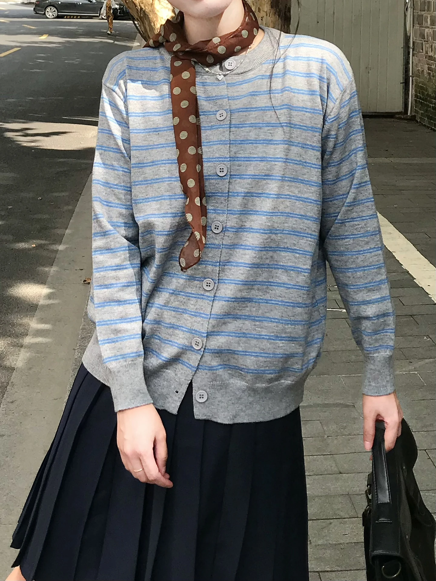 

Retro Japanese Sle Striped Open Cardigan Knitted Sweater Women's Lazy Sle Outerwear Layering Warmth Autumn Season Long Sl...