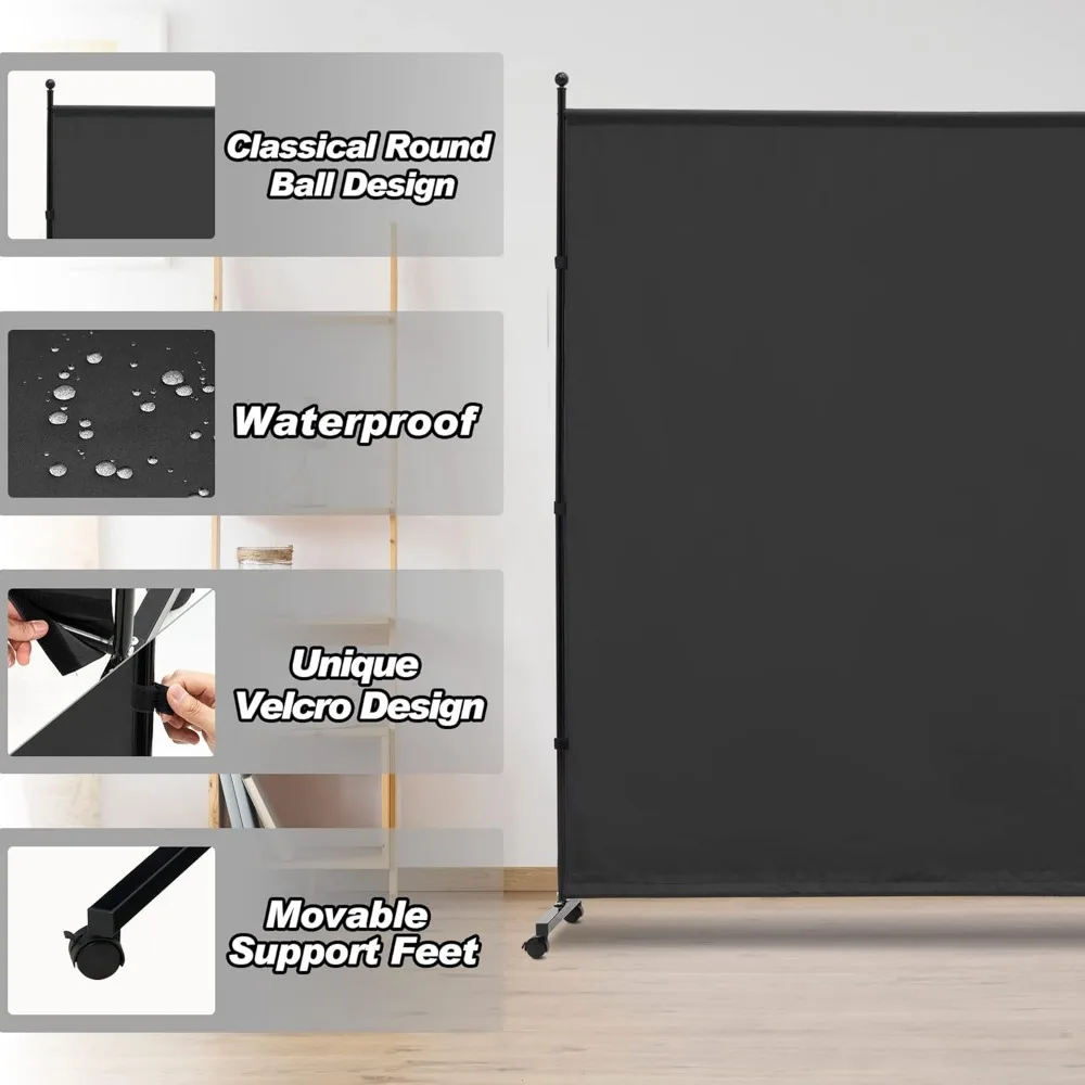 6FT Rolling Fabric Room Divider with Wheels for Home Office Privacy, Freestanding Partition Screen in Black