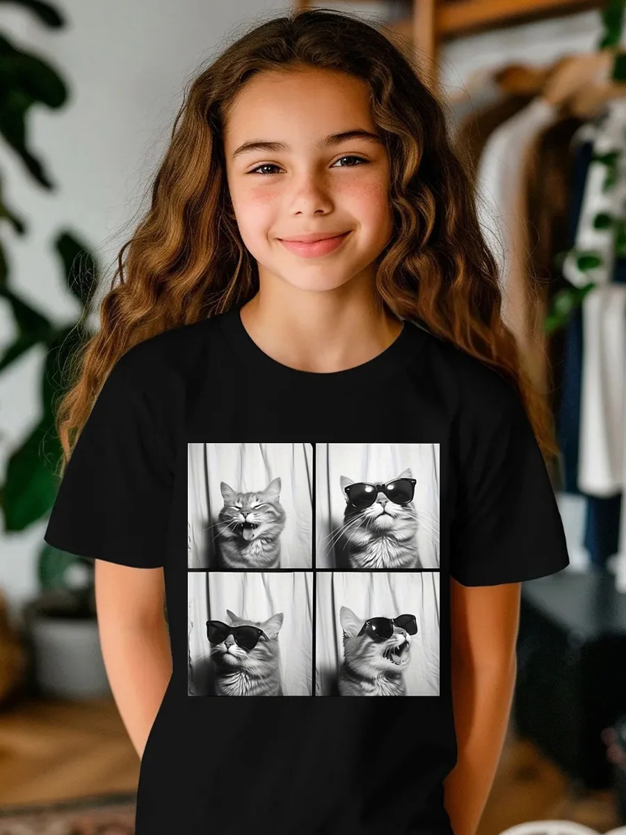 Summer T Shirt Boy Girl Kids Baby Youth Tee Oversize Clothing Loose Fun Photo Booth Cat Selfie Photo with Cute Smiling Cat Lover