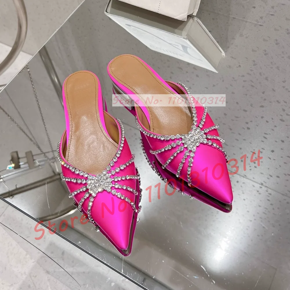 Crystal Wrap Pointy Toe Satin Slippers Women Luxury Sparkly Block Low Heel Shoes Ladies Trending Glittery Dress Flat Slides