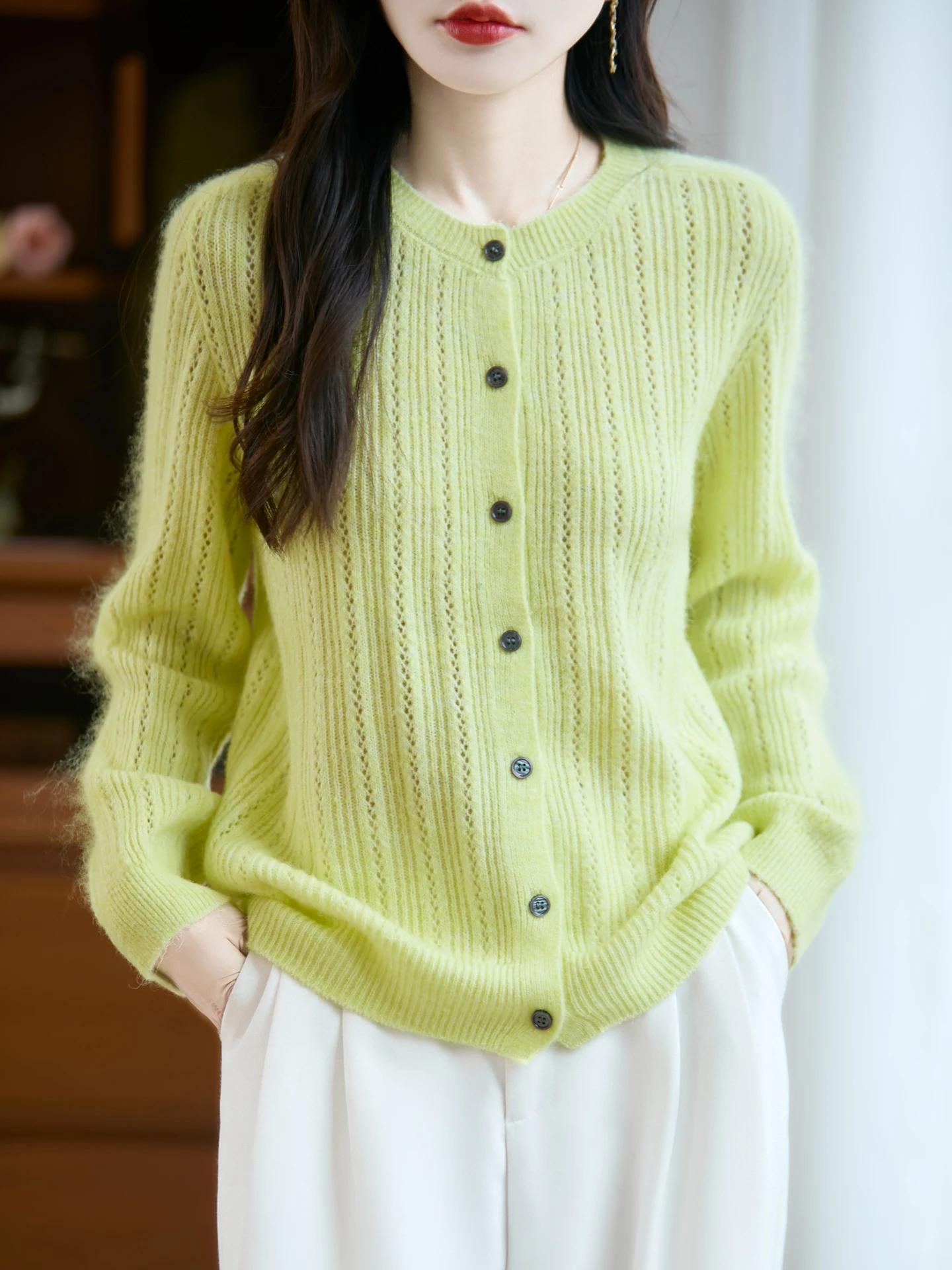 Hollow Out Autumn Winter Woman Sweater Elegant Ladies 30% Merino Wool Knitted Cardigan Cashmere Female Long Sleeve Clothing Tops