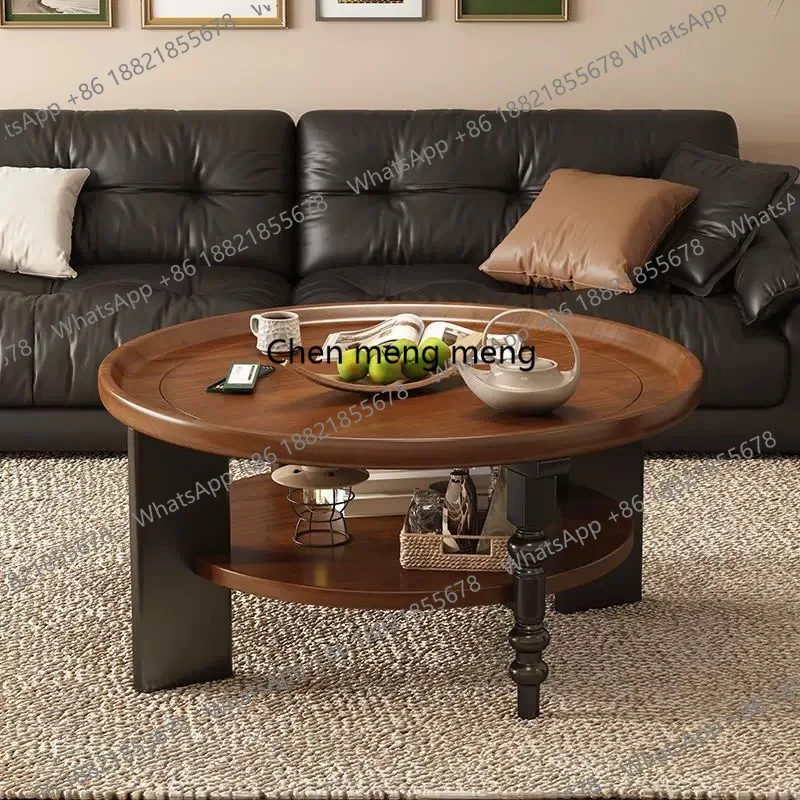 

Retro round coffee table household tea table living room small apartment, solid wood, new living room side table
