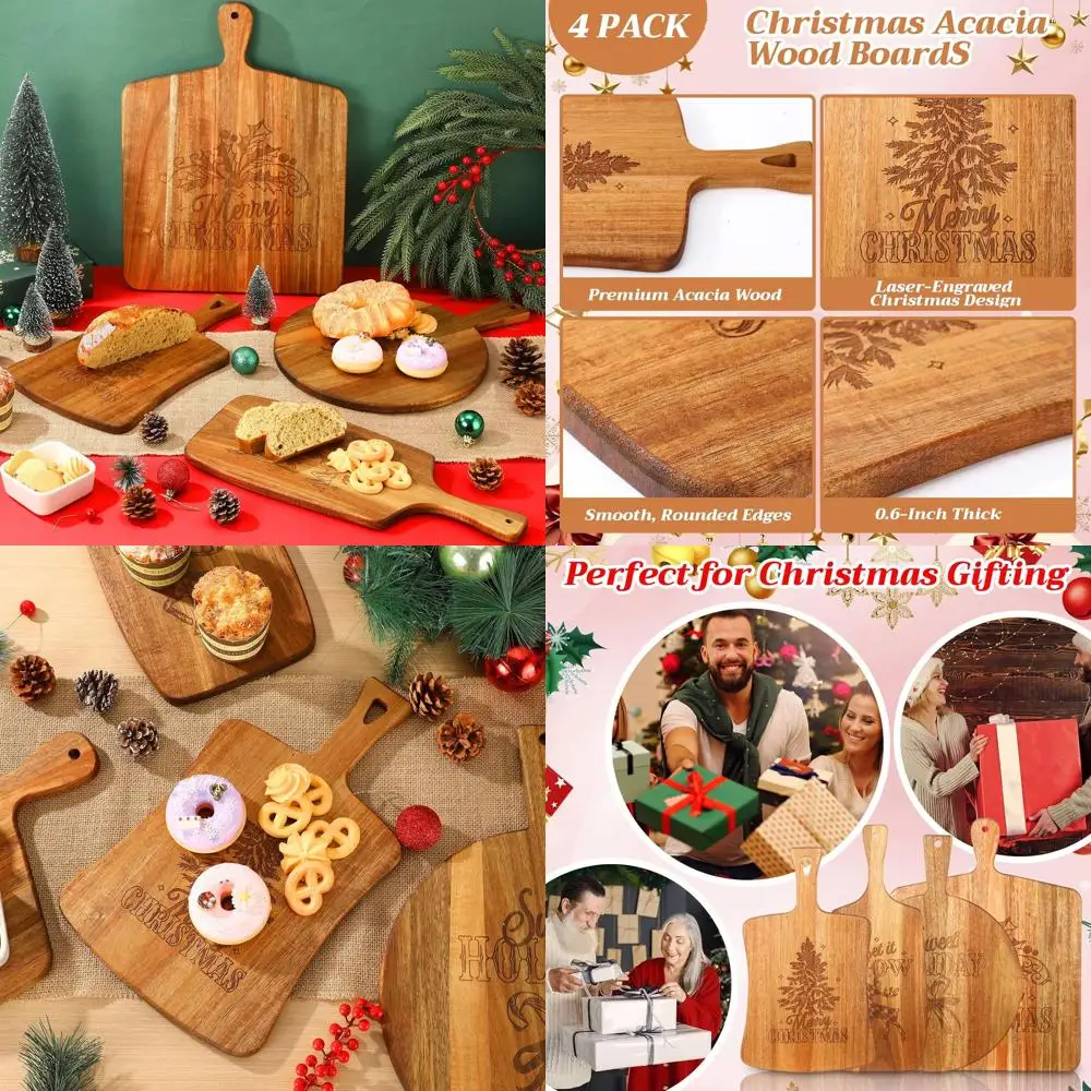 

Set of 4 Engraved Wooden Christmas Cutting Boards - Acacia Charcuterie Platters for Festive Holiday Parties