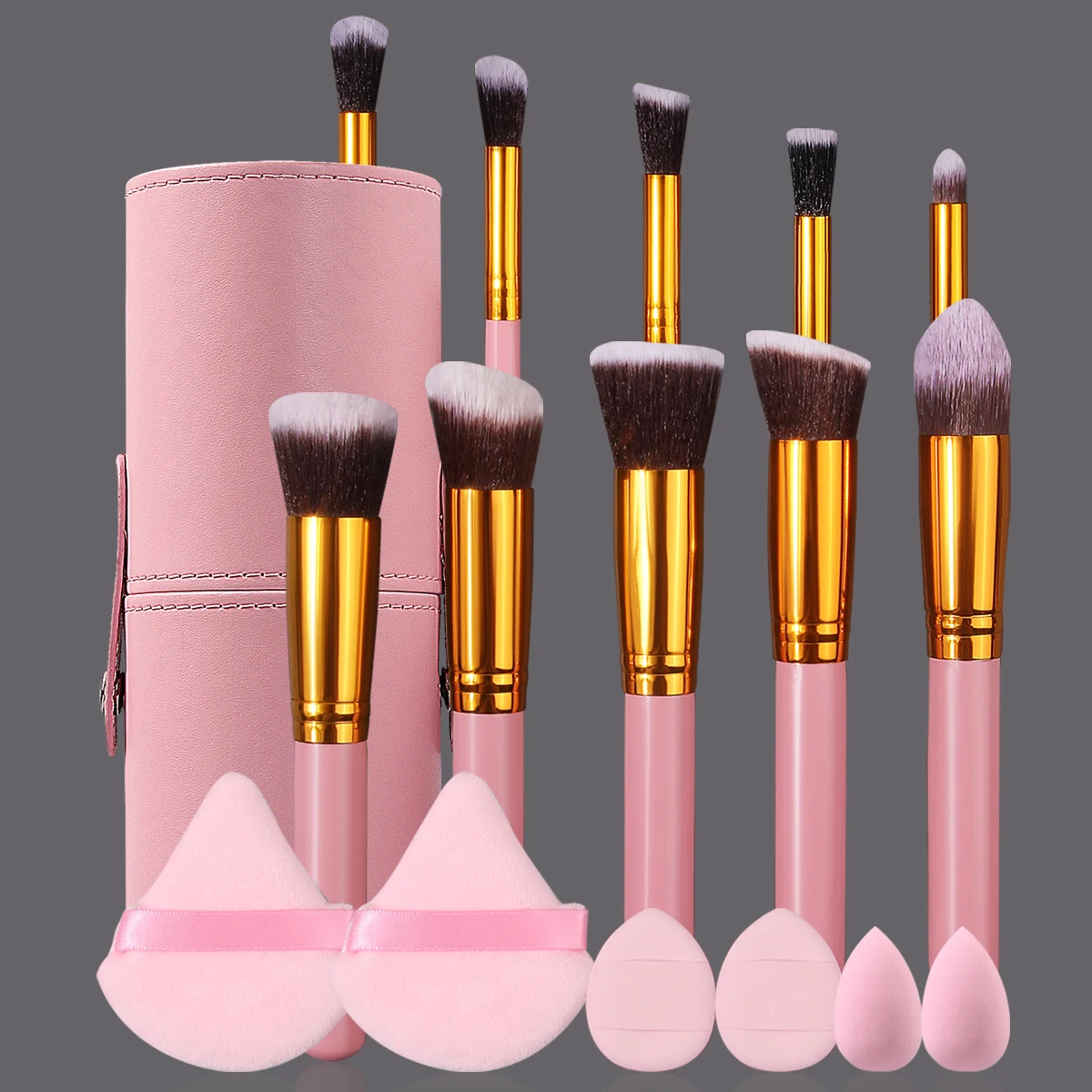 17PCS Pink multi-functional makeup brush set + triangular powder puff + mini sponge egg/fingertip powder puff + storage bucket