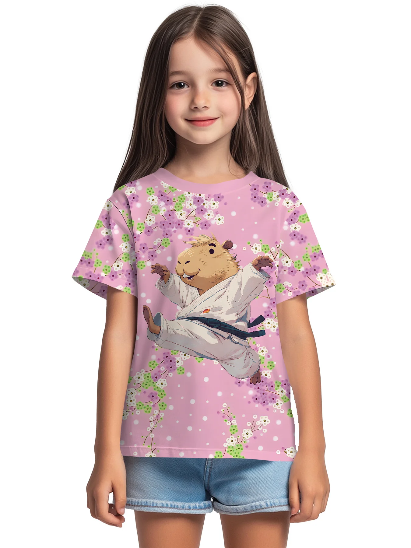 Girls Cute Capybara Karate T-Shirt Cartoon Capybara in Martial Arts Uniform Floral Print Short Sleeve Crew Neck Kids Graphic Tee