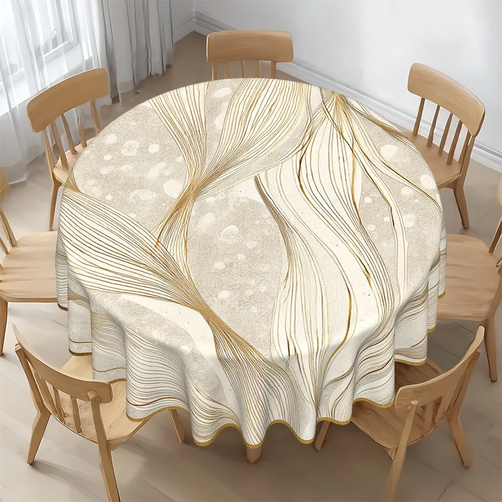 Round tablecloth, tablecloth, table cover, round table cover, abstract wave pattern in light brown and white designzyc