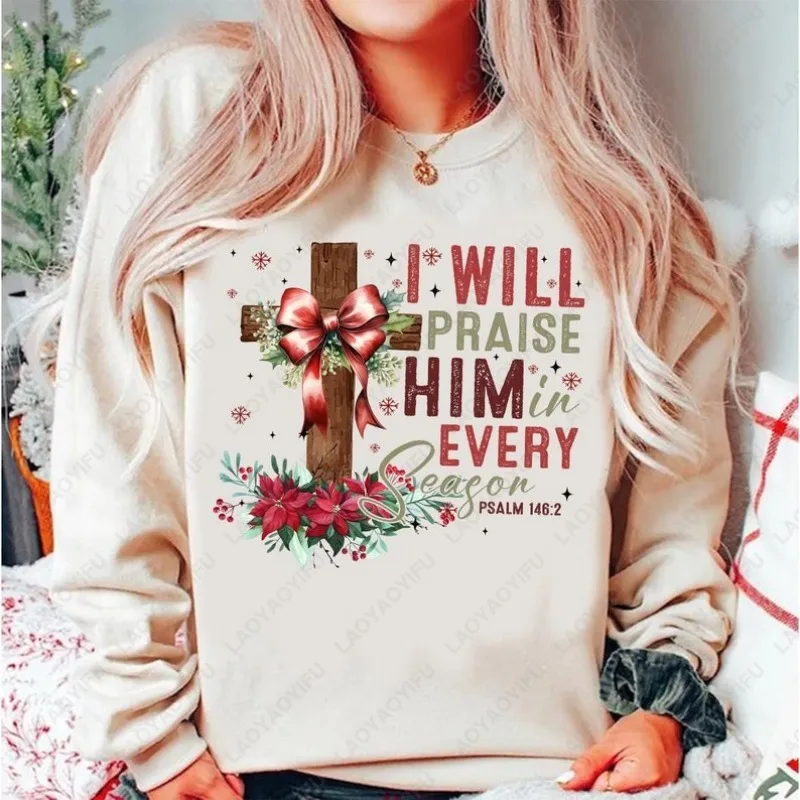 Bluza damska z okrągłym dekoltem, motywem Jezusa, krzyża i świąt Bożego Narodzenia w stylu retro, grafika Jezusa, świąteczna bluza z krzyżem i kokardą, idealna na przyjęcie świąteczne.