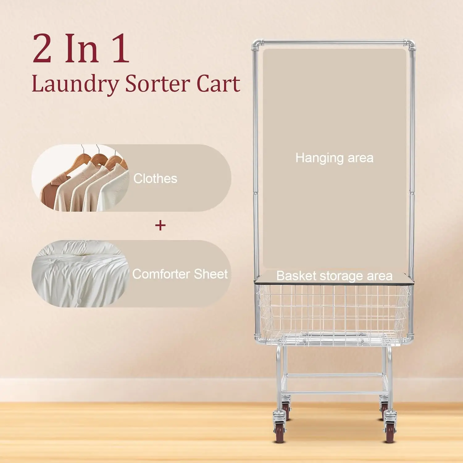 Laundry Cart with Hanging Rack, Wire Laundry Basket With Wheels 27''x22''x67'', Commercial Wire Laundry Basket Cart With drying