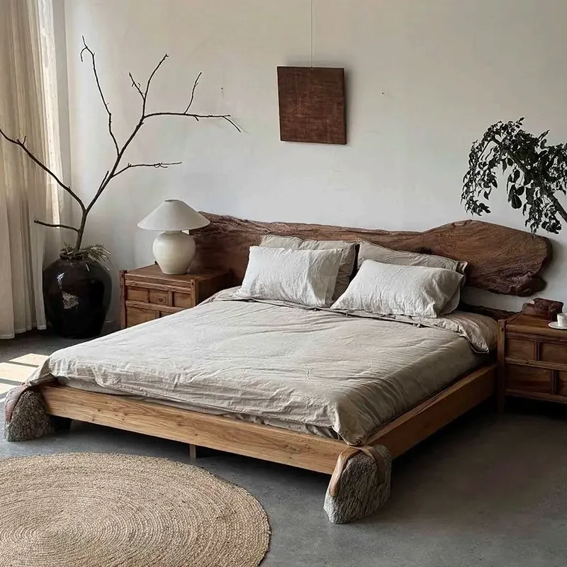 Solid wood double bed, master and secondary bedrooms, tatami mat bedroom, hotel, weathered wood and stone floor-length bed