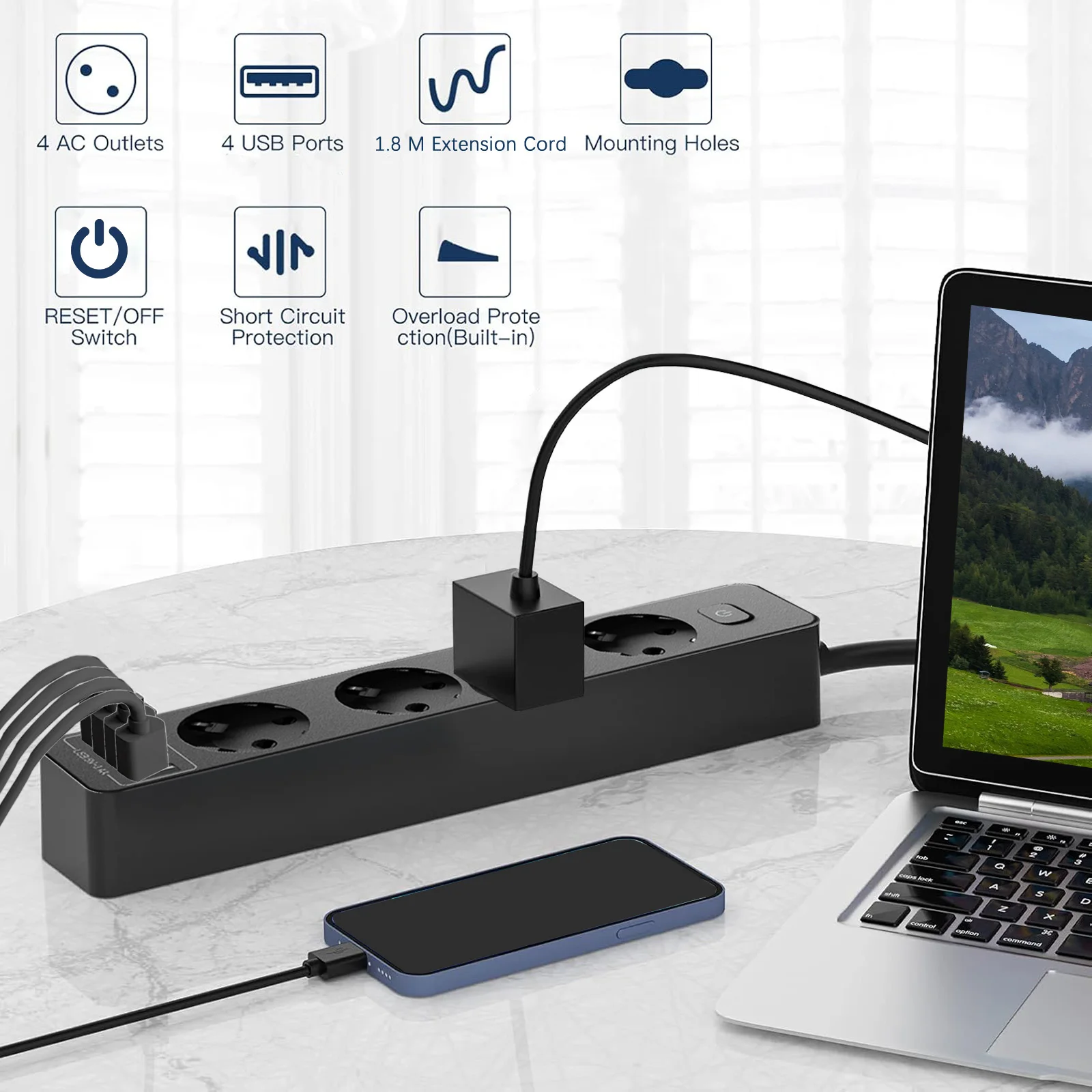 Power Strip Multi Socket Network Filter 4 Outlets 4 USB Port Charging 5.9ft Extension Cable Electical Adapter Surge Protection