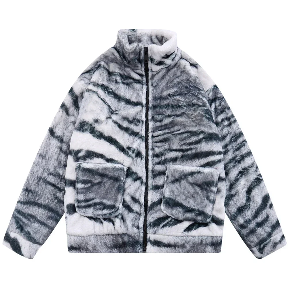 Hip Hop Parka Jacket Men Tiger Print Pattern Plush Padded Coats 2023 Couple Winter Streetwear Harajuku Casual Loose Outwear Tops