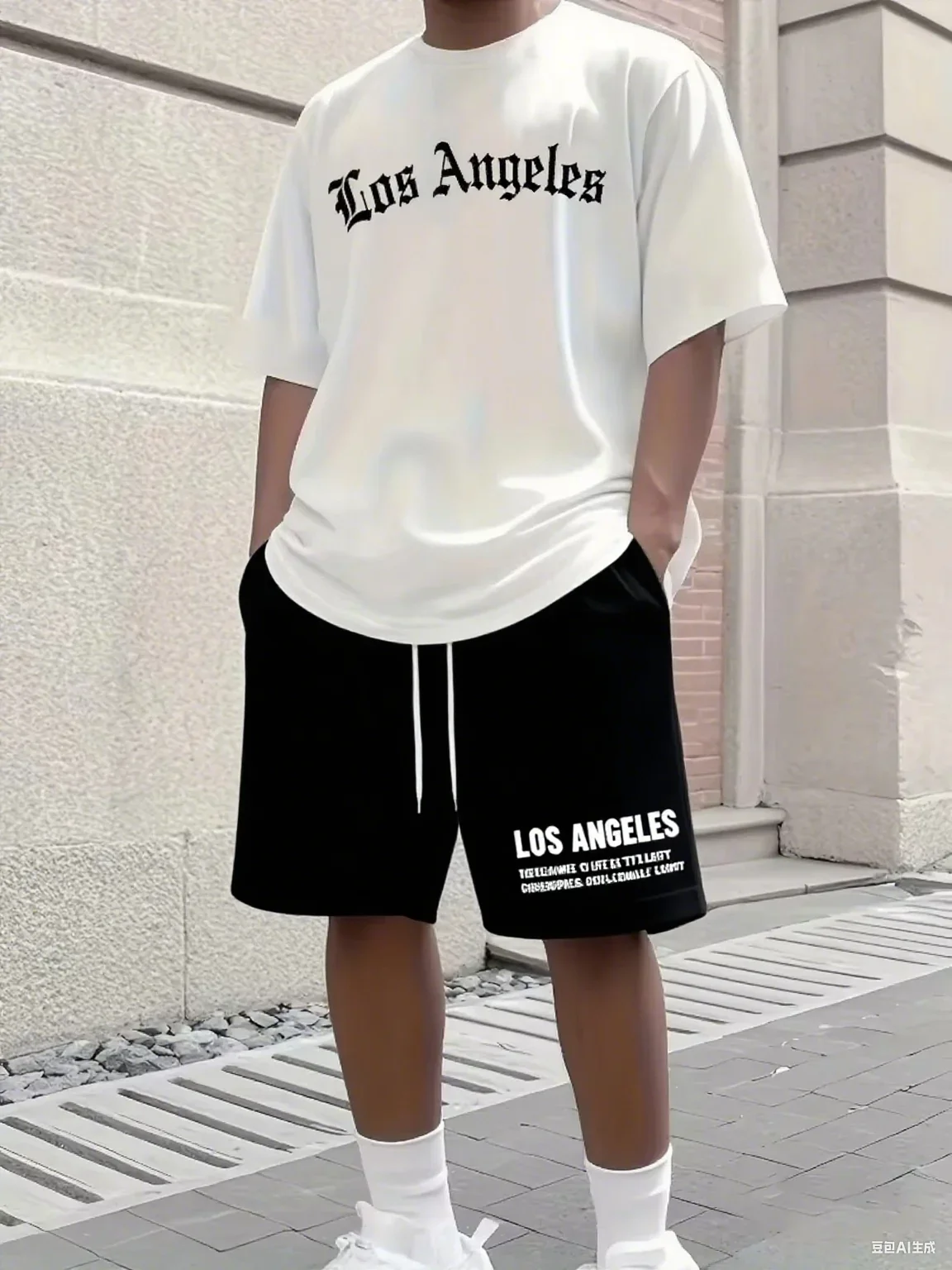 

Men's Summer 100 Cotton Fashion Los Angeles Letter Printing Loose Large Casual Comfort T-Shirt Shorts Two-piece Set