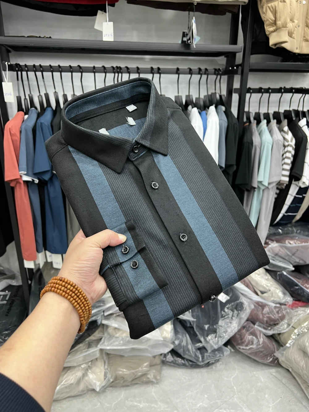 

Dongjia Seamless Composite Fabric Long Sleeve Shirt Thin Fleece Thickened Casual Business Autumn Winter Striped Micro Elastic