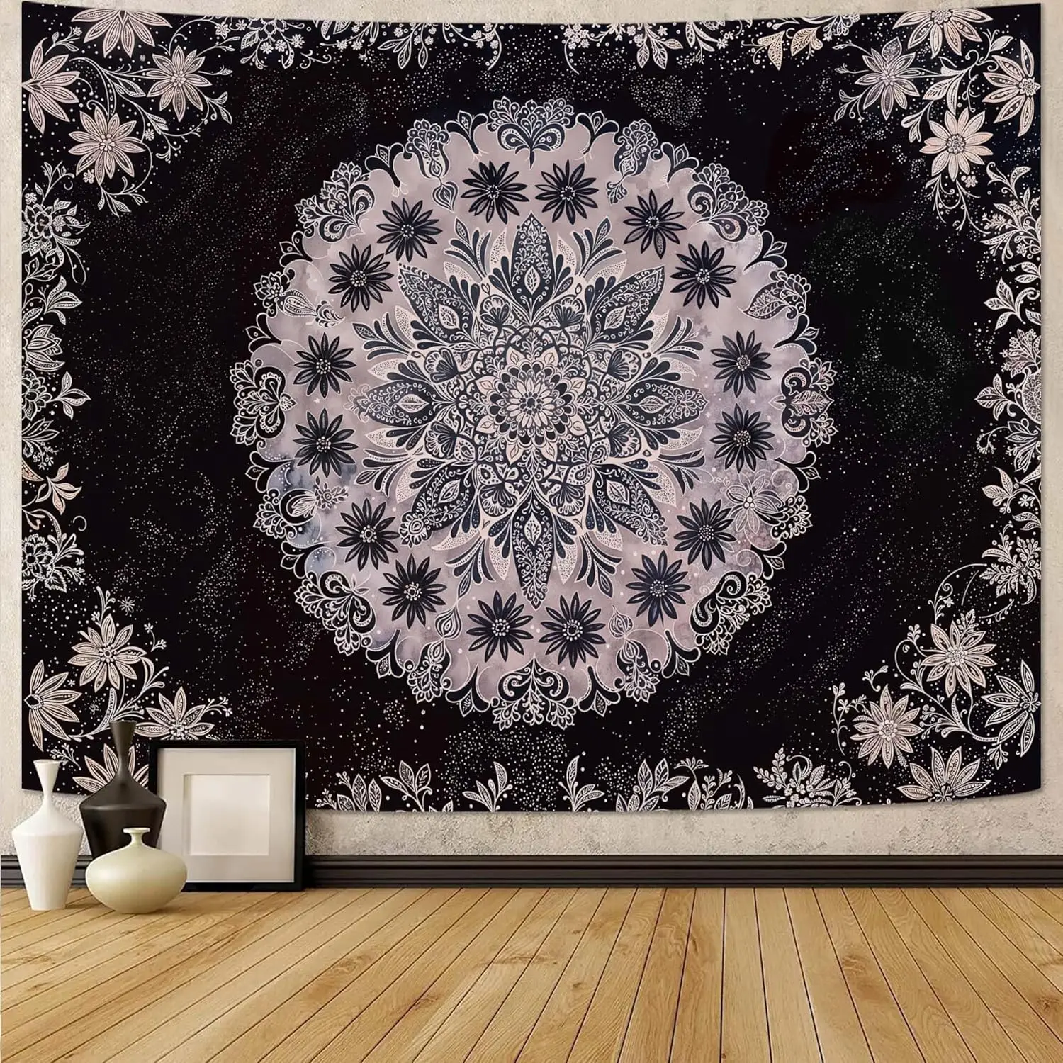 

Boho Floral Mandala Tapestry Wall Hanging Grey Bohemian Flower Medallion Tapestry Aesthetic Gray Black Hippie Indian Small
