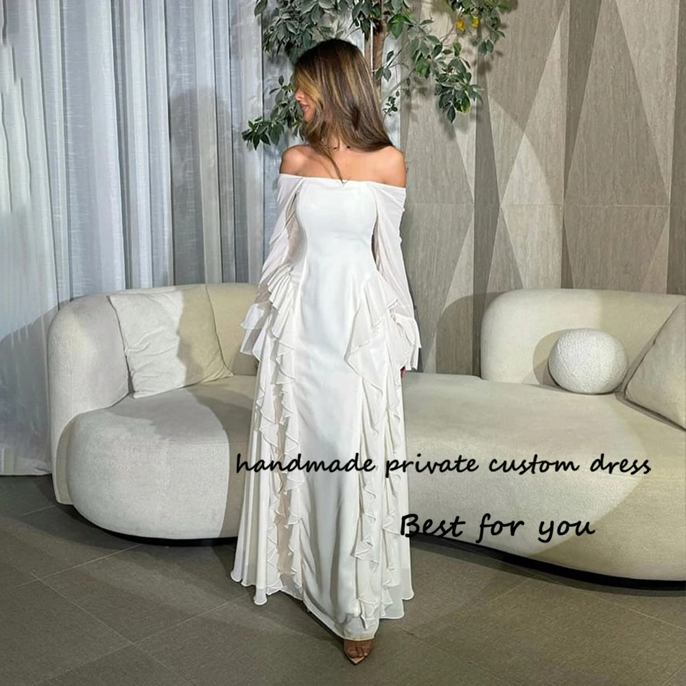 

White Chiffon Mermaid Evening Dresses Off Shoulder Arabian Dubai Prom Dress with Sleeve Floor Length Formal Party Gowns 2024