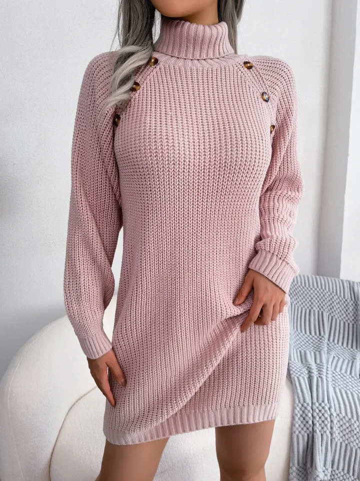 

Casual Knitted Dress Fashion Solid Color High Collar Button Long Sleeved Sweater Dress Autumn Elegant Women's Clothing