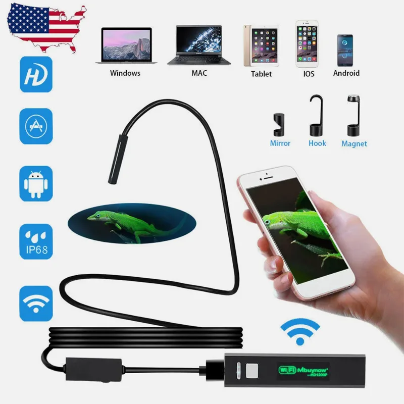 1/2/3.5/5/10M 8LED 1200P 8MM WiFi Borescope Endoscope Snake Inspection Camera for iPhone Android iOS