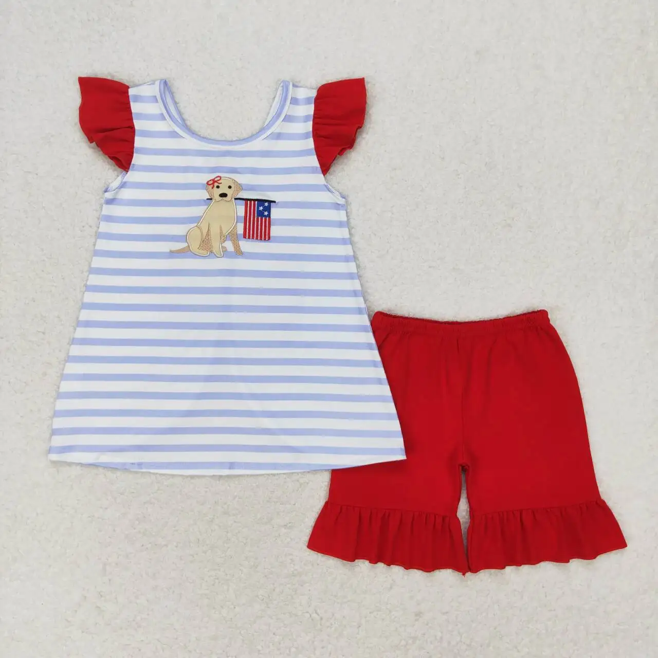 Summer Match Baby Boys Embroidered Puppy Flag Striped Short-sleeved Red Shorts Suit Wholesale Boutique Children RTS