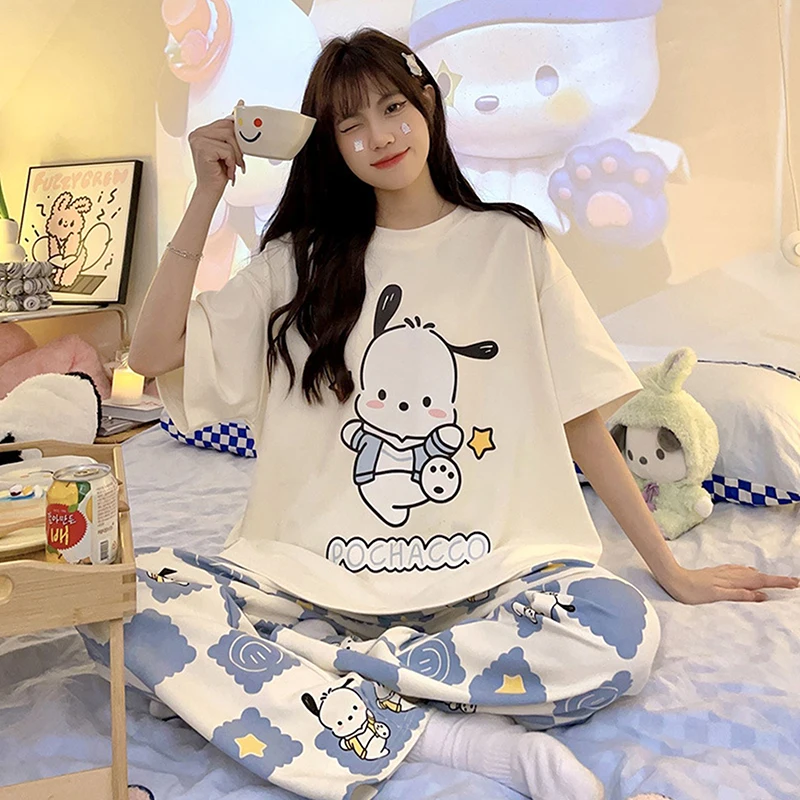 Sanrio Kawaii Pochacco Pajamas Set Stitch Cute Cartoon Student Soft Cotton Loungewear Home Wear Birthday Gift Girls Toys